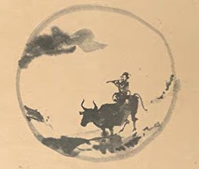 Zen-Tuschezeichnung: der Hirte reitet flötend auf dem Ochsen nach Hause